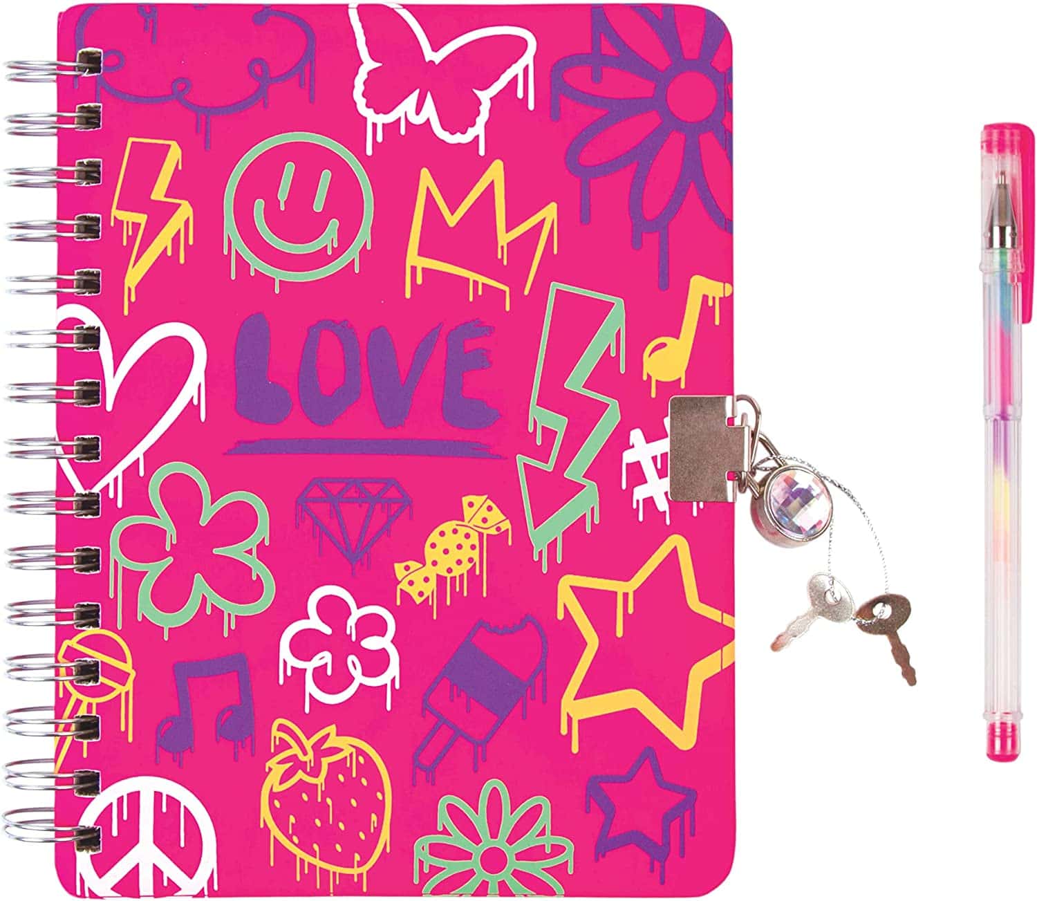 Pink grafitti journal with lock and key and pen 