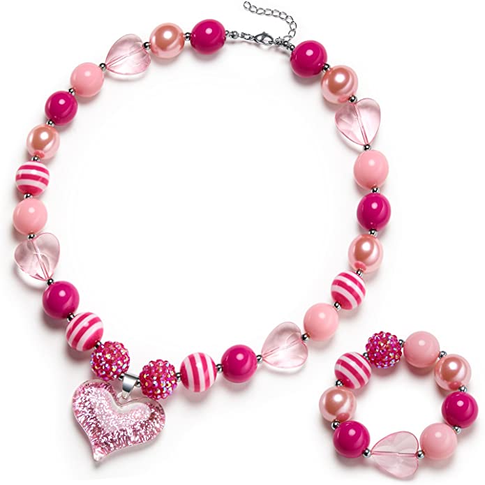 glitter heart chunky bubblegum bead necklace and bracelet set
